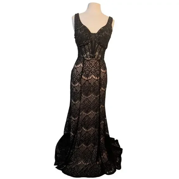 Black Lace Gown 5 Corset Nude Lining Formal Whimsigoth Witchy Vampire Romantic - Picture 3 of 13